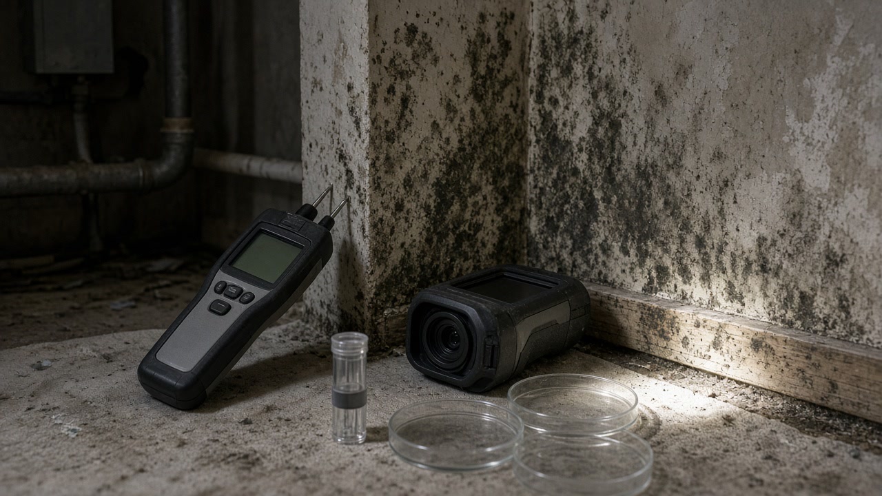 Moisture meter, thermal camera, sample vial and petri dishes beside moldy basement corner